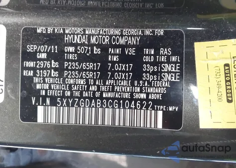 2012 Hyundai Santa Fe Gls z USA, uszkodzony, nr VIN 5XYZGDAB3CG104622